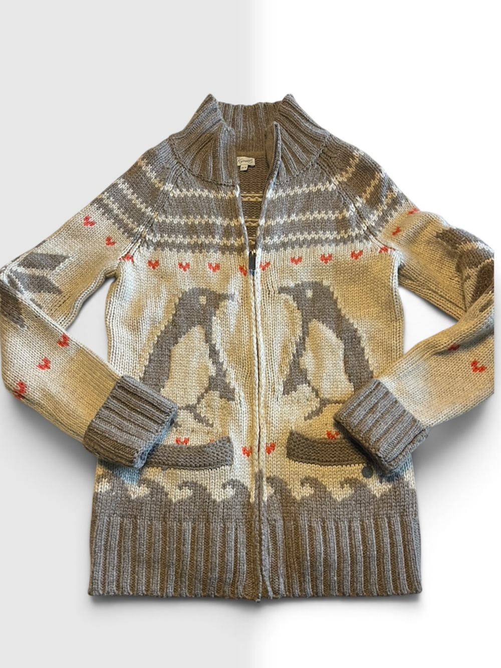 Kismet | Chunky knit Zip-Up Penguin Fair Isle Sweater with Red Heart Accents